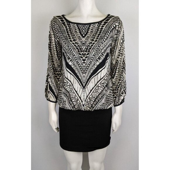 NICOLE BY NICOLE MILLER - WOMEN'S BLACK & CREAM PRINT STRETCH BLOUSON DRESS - S - Picture 2 of 11